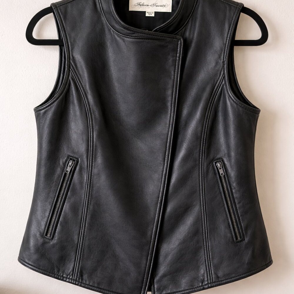 NWOT Fifteen Twenty Black Leather Vest Asym Zip Waterfall High Low Back Size L - Picture 10 of 10